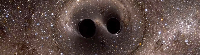 Simulación computada de la colisión de dos agujeros negros. Un evento tremendamente poderoso detectado por primera vez por el observatorio LIGO. Imagen: uoregon.edu