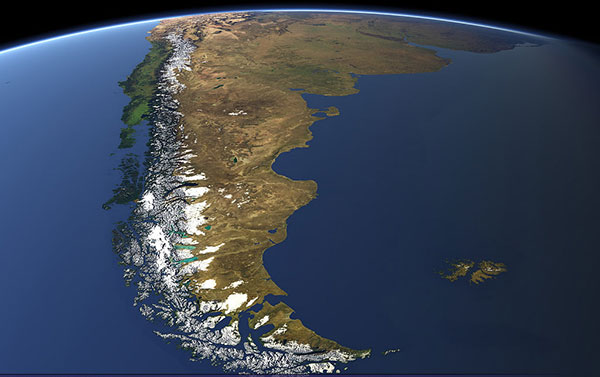 Imagen satelital de las costas del sur de Sudamérica.