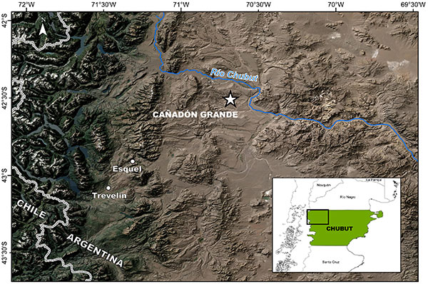Ubicación de la zona de Cañadón Grande, en el noroeste de la Provincia de Chubut, donde se encontraron evidencias de actividad neotectónica (deformación reciente en plazo geológico). Mapa:  Andrés Echaurren