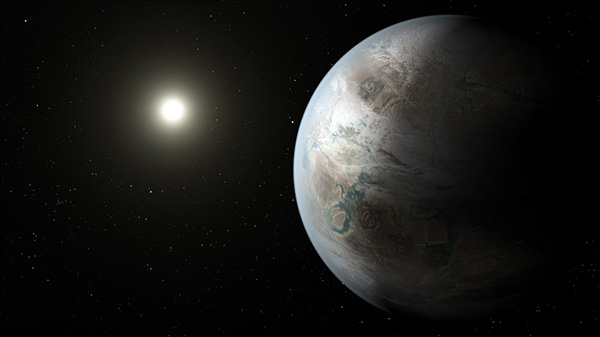 La imagen representa al planeta Kepler-452b, el primer mundo casi del tamaño de la Tierra que se encuentra en la zona habitable de la estrella que es similar a nuestro sol. NASA.